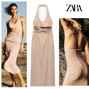 Zara beige cream cut-out halter top midi dress spring summer stretchy Sz M NWOT